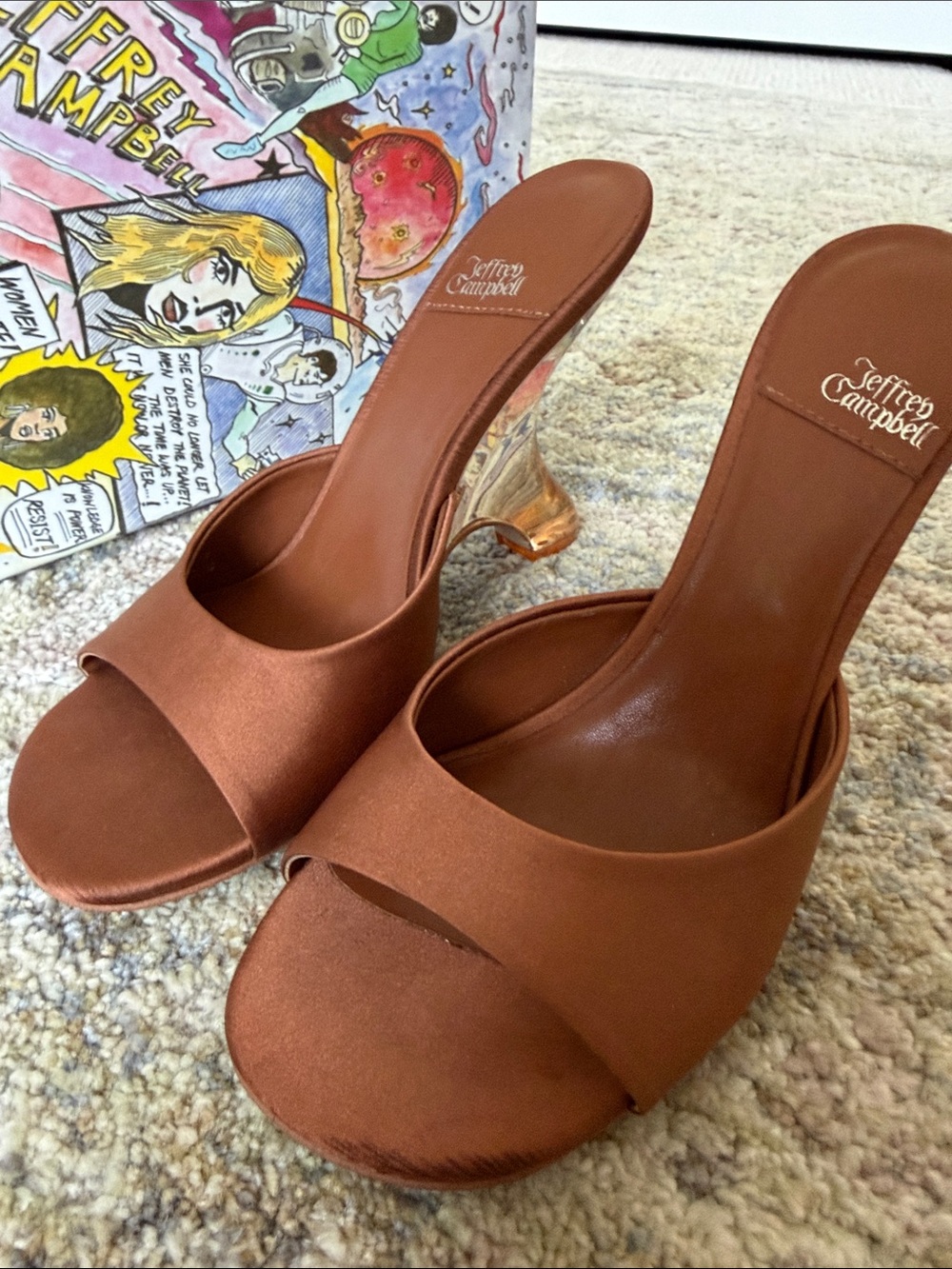 Jeffrey Campbell Brown Satin Slide Mules with Sculpted Clear Heel - Picture 4 of 9
